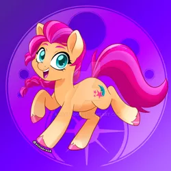 Size: 1280x1280 | Tagged: safe, artist:alinabr00k, derpibooru import, sunny starscout, earth pony, pony, my little pony: a new generation, spoiler:my little pony: a new generation, abstract background, braid, colored hooves, cute, deviantart watermark, eyebrows, female, g5, image, jpeg, looking at you, mare, obtrusive watermark, open mouth, open smile, raised hoof, signature, smiling, solo, sunnybetes, unshorn fetlocks, watermark