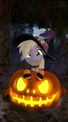 Size: 2160x3840 | Tagged: safe, artist:owlpirate, derpibooru import, derpy hooves, 3d, clothes, cute, derpabetes, forest, halloween, holiday, image, jack-o-lantern, png, pumpkin, smiling, socks, solo, source filmmaker, tongue out, tree, witch costume
