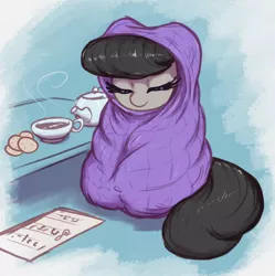 Size: 2350x2360 | Tagged: safe, artist:t72b, derpibooru import, octavia melody, earth pony, pony, biscuits, blanket, blanket burrito, comfy, cute, eyes closed, female, food, happy, high res, image, mare, png, smiling, solo, tavibetes, tea, teapot
