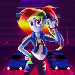 Size: 1500x1500 | Tagged: safe, artist:jphyperx, derpibooru import, rainbow dash, human, equestria girls, car, female, futuristic, image, png, ponytail, retrowave, solo, sun, synthwave