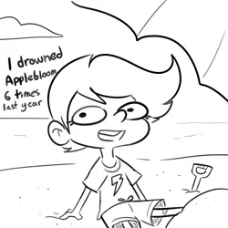Size: 3300x3300 | Tagged: safe, artist:tjpones, derpibooru import, scootaloo, human, beach, black and white, clothes, dialogue, grayscale, humanized, image, implied apple bloom, monochrome, png, shirt, sitting, solo, swimming trunks, swimsuit