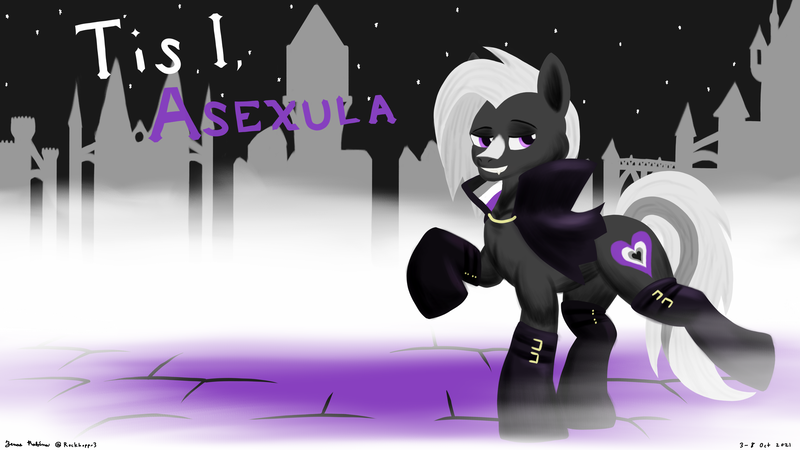 Size: 3556x2000 | Tagged: safe, artist:rockhoppr3, derpibooru import, oc, oc:ace hearts, unofficial characters only, earth pony, pony, vampire, asexual, asexual pride flag, fog, gothic, image, png, pride, pride flag, solo, text