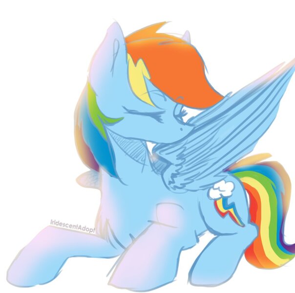 Size: 928x922 | Tagged: safe, artist:iridescentadopt, derpibooru import, rainbow dash, pegasus, pony, chest fluff, cute, dashabetes, eyes closed, female, grooming, image, jpeg, lying down, mare, preening, prone, simple background, solo, white background, wings