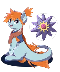 Size: 2735x3282 | Tagged: safe, artist:backgroundpony#f352, derpibooru import, ponified, pony, sea pony, starmie, crossover, duo, eyes open, female, fins, image, looking at you, mare, misty brightdawn, open mouth, png, pokémon, simple background, sitting, towel, transparent background