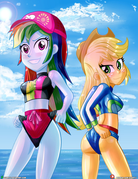 Size: 1500x1942 | Tagged: suggestive, artist:dieart77, derpibooru import, applejack, rainbow dash, equestria girls, equestria girls series, appledash, beach, cap, clothes, cowboy hat, duo, female, hat, image, jpeg, lesbian, ocean, sand, shipping, shorts, smiling, stetson, swimsuit