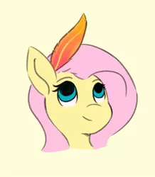 Size: 791x908 | Tagged: safe, artist:flutterfigle, derpibooru import, fluttershy, pegasus, pony, a bird in the hoof, bust, feather, feather in hair, image, implied philomena, jpeg, simple background, smiling, solo, yellow background