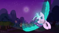 Size: 3840x2160 | Tagged: safe, artist:vedbro, derpibooru import, starlight glimmer, alicorn, pony, flying, glow, glowing horn, glowing wings, happy, horn, image, night, png, ponyville, vector, wings