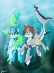 Size: 768x1024 | Tagged: safe, artist:midnightglow20, derpibooru import, oc, unofficial characters only, merpony, art trade, blue eyes, bubble, crepuscular rays, dorsal fin, fish tail, flowing tail, gills, green eyes, image, looking at each other, ocean, png, purple eyes, seaweed, signature, smiling, sunlight, swimming, tail, underwater, unshorn fetlocks, water