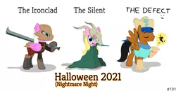 Size: 1483x770 | Tagged: safe, artist:darius-101, derpibooru import, oc, oc:dariusii, oc:dia, oc:pink spinach, pegasus, pony, armor, balloon, clothes, costume, female, halloween, halloween costume, holiday, image, male, png, skull, slay the spire, smiley face, sword, the defect, the ironclad, the silent, weapon