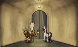 Size: 2089x1264 | Tagged: safe, artist:mixdaponies, derpibooru import, rarity, unicorn, comic:friendship is tragic, big door, fanfic art, griffin (character), hallway, image, jpeg