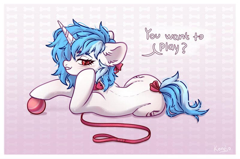 Size: 3340x2223 | Tagged: safe, artist:konejo, derpibooru import, oc, unofficial characters only, pony, unicorn, ball, collar, image, jpeg, pet play, pony pet, solo