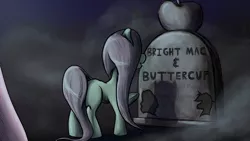 Size: 4427x2489 | Tagged: safe, artist:mixdaponies, derpibooru import, earth pony, fanfic art, fog, ghosts in the graveyard, gravestone, image, jpeg