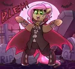 Size: 2545x2341 | Tagged: safe, artist:graphene, derpibooru import, oc, oc:claire, unofficial characters only, bat, pony, undead, vampire, bipedal, clothes, coffin, eye clipping through hair, fangs, female, gravestone, graveyard, halloween, holiday, image, mare, open mouth, png, solo, tongue out, underhoof