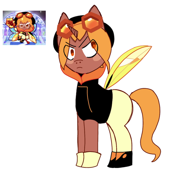Size: 640x640 | Tagged: safe, artist:roali-tea, derpibooru import, ponified, alicorn, bee, bee pony, insect, original species, pony, amber sugar cookie, bee wings, clothes, cookie, cookie run, crossover, food, g4, goggles, hood, hoodie, image, insect wings, orange hair, pants, png, shoes, solo, wings