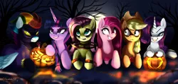 Size: 3766x1800 | Tagged: safe, artist:darksly, derpibooru import, applejack, fluttershy, pinkie pie, rainbow dash, rarity, twilight sparkle, alicorn, earth pony, pegasus, pony, unicorn, clothes, costume, creepypasta, halloween, halloween 2021, halloween costume, holiday, image, jpeg, mane six