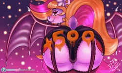 Size: 2500x1500 | Tagged: suggestive, artist:draconightmarenight, artist:proyects_s, derpibooru import, oc, oc:stardust nightmare night, bat pony, bat pony oc, bat wings, body writing, butt, clothes, fully shaded, halloween, holiday, image, jpeg, large butt, lingerie, nightmare night, raffle, smug face, solo, wings