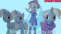Size: 3840x2160 | Tagged: safe, artist:optimussparkle, derpibooru import, trixie, pony, unicorn, equestria girls, 3d, alternate hairstyle, babysitter trixie, cape, clothes, hat, hoodie, image, multeity, older, older trixie, png, self ponidox, source filmmaker, trixie day