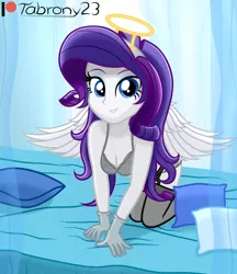 Size: 1068x1237 | Tagged: suggestive, artist:tabrony23, derpibooru import, rarity, equestria girls, angel, angelic wings, beautiful, bed, bra, clothes, costume, female, gloves, halloween, high res, holiday, image, looking at you, patreon, patreon logo, png, smiling, solo, solo female, tights, underwear, wings