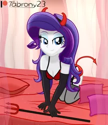 Size: 1068x1237 | Tagged: safe, artist:tabrony23, derpibooru import, rarity, equestria girls, beautiful, bed, bedroom eyes, bra, clothes, costume, devil, female, gloves, halloween, high res, holiday, image, looking at you, patreon, patreon logo, png, smiling, solo, solo female, trident, underwear