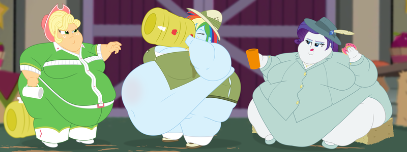 Size: 3840x1440 | Tagged: suggestive, artist:neongothic, derpibooru import, applejack, daring do, rainbow dash, rarity, equestria girls, amplejack, apple chord, bbw, belly, belly button, big belly, bingo wings, bloated, breasts, busty applejack, busty rainbow dash, busty rarity, chubby cheeks, cider, detective rarity, donut, double chin, fat, fat ass, fat boobs, fat fetish, female, fetish, food, halloween, holiday, huge belly, image, impossibly large belly, morbidly obese, obese, png, rainblob dash, raritubby, ssbbw, thighs, thunder thighs, weight gain