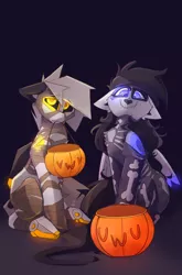 Size: 2887x4370 | Tagged: safe, artist:ignis, derpibooru import, oc, oc:pango, oc:wyn, unofficial characters only, cyborg, pegasus, pony, duo, halloween, holiday, image, jpeg, looking at you, mouth hold, sitting, uwu