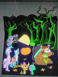 Size: 1944x2592 | Tagged: safe, artist:princebluemoon3, derpibooru import, gallus, ocellus, sandbar, silverstream, smolder, yona, oc, bat pony, bat pony oc, bat wings, digital art, food, forest, halloween, holiday, hug, image, jack-o-lantern, jpeg, popcorn, projector, pumpkin, scared, student six, tree, wings