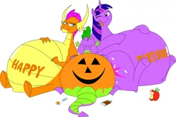 Size: 13694x9173 | Tagged: suggestive, artist:princebluemoon3, derpibooru import, smolder, spike, twilight sparkle, dragon, pony, unicorn, apple, belly, bhm, big belly, candy, digital art, dragoness, fat, fat spike, female, food, halloween, happy halloween, holiday, huge belly, image, impossibly large belly, jpeg, male, mare, one eye closed, sblobder, simple background, smiling, stuffed belly, tongue out, twilard sparkle, unicorn twilight, white background, wink