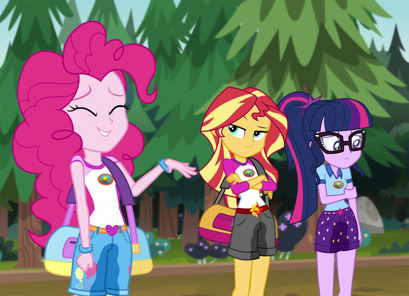 Size: 960x694 | Tagged: questionable, artist:thedarkpony, derpibooru import, edit, edited screencap, screencap, pinkie pie, sci-twi, sunset shimmer, twilight sparkle, equestria girls, legend of everfree, camp everfree outfits, clothes, female, fetish, image, pee edit, peeing in shorts, pissing, png, shorts, smiling, urine, watersports, wetting