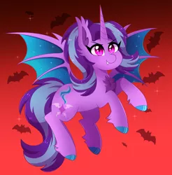 Size: 2566x2607 | Tagged: safe, artist:emera33, derpibooru import, starlight glimmer, alicorn, bat, bat pony, bat pony alicorn, bat wings, chest fluff, fangs, flying, horn, image, png, race swap, solo, spread wings, wings