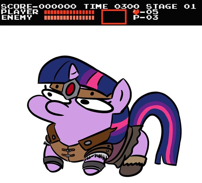 Size: 900x818 | Tagged: safe, artist:velgarn, derpibooru import, twilight sparkle, pony, unicorn, armor, boots, castlevania, clothes, costume, crossover, female, halloween, halloween costume, holiday, hud, image, jpeg, mare, nightmare night, nightmare night costume, score, shoes, simon belmont, simple background, twiggie, twiggie quest