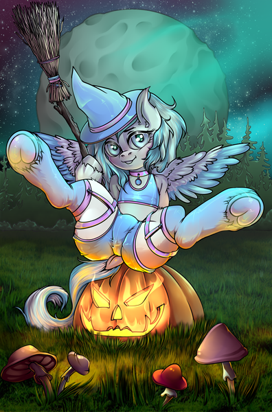 Size: 2268x3434 | Tagged: questionable, artist:leastways, derpibooru import, edit, oc, oc:contrail skies, pegasus, pony, broom, clothes, halloween, hat, holiday, image, jack-o-lantern, night, nightmare night, png, pumpkin, sfw edit, socks, solo, stockings, thigh highs, witch hat