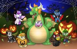 Size: 1920x1243 | Tagged: safe, artist:aleximusprime, derpibooru import, pound cake, princess flurry heart, pumpkin cake, spike, oc, oc:annie smith, oc:apple chip, oc:smelt, oc:smelt the dragon, oc:storm streak, cat, dragon, pony, spider, undead, vampire, flurry heart's story, adult, adult spike, animal costume, black cat, bone, broom, cape, cat costume, clothes, colt, costume, crescent moon, dracula, dragon costume, dress up, fangs, fat, fat spike, female, filly, filly flurry heart, frankenstein's monster, halloween, halloween costume, hat, holiday, image, jack-o-lantern, kitten, leaves, looking at you, male, male and female, moon, nightmare night, older, older flurry heart, older pound cake, older pumpkin cake, older spike, one eye closed, png, pumpkin, skeleton, skeleton costume, spooky, vampire costume, webs, wink, witch, witch costume, witch hat
