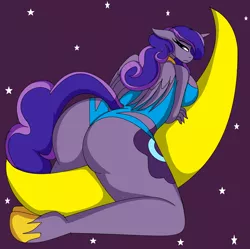 Size: 5672x5648 | Tagged: suggestive, artist:cbear624, author:bigonionbean, derpibooru import, princess cadance, princess luna, oc, oc:princess luminescent love, unofficial characters only, alicorn, anthro, pony, unguligrade anthro, alicorn oc, breasts, bust, butt, clothes, commissioner:bigonionbean, crescent moon, cutie mark, extra thicc, female, flank, fusion, fusion:princess luminescent love, horn, image, looking at you, looking back, lovebutt, mare, moon, moonbutt, one-piece swimsuit, pillow, plot, png, shoes, solo, swimsuit, tangible heavenly object, the ass was fat, wings