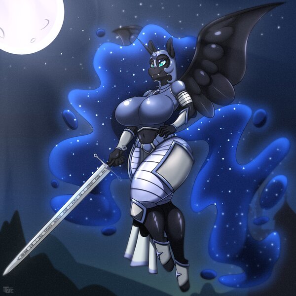 Size: 4000x4000 | Tagged: safe, artist:tatemil, derpibooru import, nightmare moon, anthro, unguligrade anthro, armor, big breasts, breasts, female, helmet, huge breasts, image, jpeg, moon, solo, sword, thighs, thunder thighs, weapon