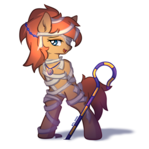 Size: 1600x1600 | Tagged: suggestive, artist:zylgchs, derpibooru import, oc, oc:melting winter, unofficial characters only, earth pony, arm behind back, bipedal, female, image, jewelry, mummy, png, scepter, simple background, solo, transparent background