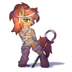 Size: 1600x1600 | Tagged: suggestive, artist:zylgchs, derpibooru import, oc, oc:melting winter, unofficial characters only, earth pony, arm behind back, bipedal, female, image, jewelry, mummy, png, scepter, simple background, solo, transparent background