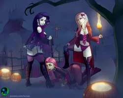 Size: 2000x1600 | Tagged: suggestive, artist:joizer, derpibooru import, fleur-de-lis, fluttershy, rarity, undead, vampire, equestria girls, all fours, boots, castle, choker, clothes, collar, commission, commissioner:branagain, corset, costume, fangs, fog, garter belt, gravestone, hairclip, halloween, halloween costume, haunted house, high heel boots, high res, holiday, image, jack-o-lantern, jpeg, leash, looking at you, looking back, looking back at you, looking over shoulder, open mouth, panties, pumpkin, raised eyebrow, red eyes, sexy, shoes, socks, spiked choker, spooky, stupid sexy fleur-de-lis, stupid sexy fluttershy, stupid sexy rarity, thigh boots, thigh highs, thong, tongue out, torch, torn clothes, underwear, vampire costume
