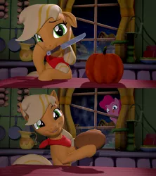 Size: 1920x2160 | Tagged: safe, artist:owlpirate, derpibooru import, applejack, pinkie pie, earth pony, pony, 2 panel comic, 3d, comic, duo, female, food, halloween, holiday, image, knife, looking at you, mare, mouth hold, night, pie, png, pumpkin, source filmmaker