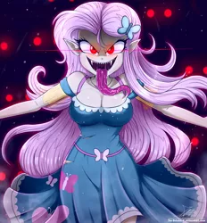 Size: 2060x2220 | Tagged: suggestive, artist:the-butch-x, derpibooru import, fluttershy, bat pony, monster girl, undead, vampire, equestria girls, bat ponified, big breasts, breasts, busty fluttershy, clothes, cutie mark, cutie mark on clothes, dress, female, flutterbat, image, long tongue, looking at you, png, race swap, red eyes, solo, solo female, tongue out