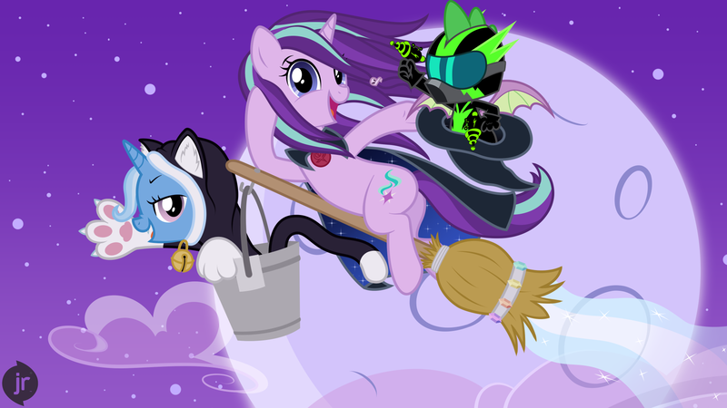 Size: 1920x1080 | Tagged: safe, artist:niggerfaggot, artist:phucknuckl, derpibooru import, spike, starlight glimmer, trixie, cat, unicorn, animal costume, bell, broom, bucket, cape, cat costume, clothes, cloud, costume, female, flying, flying broomstick, full moon, halloween, halloween costume, hat, holiday, image, magic, messy mane, moon, night, nightmare night, nightmare night costume, png, pose, ray gun, scrunchy face, show accurate, tail, uniform, washouts uniform, waving, witch, witch costume, witch hat