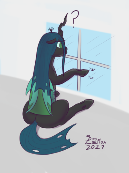 Size: 1200x1600 | Tagged: safe, artist:doomlemon, derpibooru import, queen chrysalis, changeling, changeling queen, confused, female, image, png, question mark, rear view, signature, sitting, solo, tapping, window