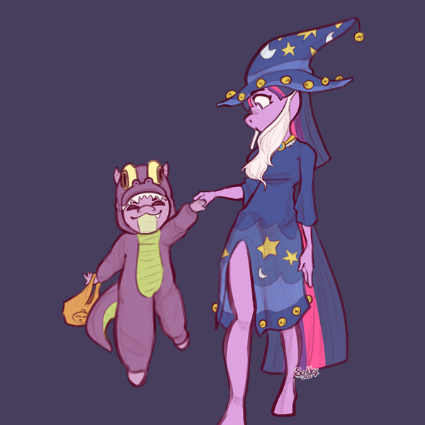 Size: 3048x3048 | Tagged: safe, artist:scribleydoodles, derpibooru import, spike, twilight sparkle, anthro, dragon, unguligrade anthro, unicorn, luna eclipsed, blue background, clothes, costume, dragon costume, duo, eyes closed, fake beard, halloween, high res, holding hands, holiday, image, nightmare night costume, png, simple background, star swirl the bearded costume, unicorn twilight