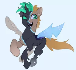 Size: 1394x1292 | Tagged: safe, artist:draw3, derpibooru import, oc, oc:shifting sands, unofficial characters only, changeling, pegasus, pony, changeling oc, green changeling, grin, image, male, mid-transformation, png, simple background, smiling, solo, white background