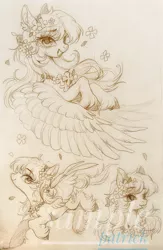 Size: 1448x2227 | Tagged: safe, artist:paipaishuaige, derpibooru import, oc, unofficial characters only, pegasus, pony, :p, chest fluff, flower, flower in hair, image, jpeg, looking at you, smiling, solo, spread wings, tongue out, traditional art, unshorn fetlocks, wings