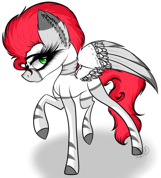 Size: 1840x2026 | Tagged: safe, artist:beamybutt, derpibooru import, oc, unofficial characters only, pegasus, zebra, zebrasus, ear fluff, eyelashes, image, pegasus oc, png, raised hoof, simple background, solo, transparent background, wings