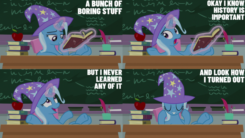 Size: 1280x720 | Tagged: safe, derpibooru import, edit, edited screencap, editor:quoterific, screencap, trixie, pony, unicorn, a horse shoe-in, season 9, spoiler:s09, apple, book, chalkboard, clothes, eyes closed, female, food, grin, hat, image, magic, mare, png, smiling, solo, telekinesis, trixie's hat