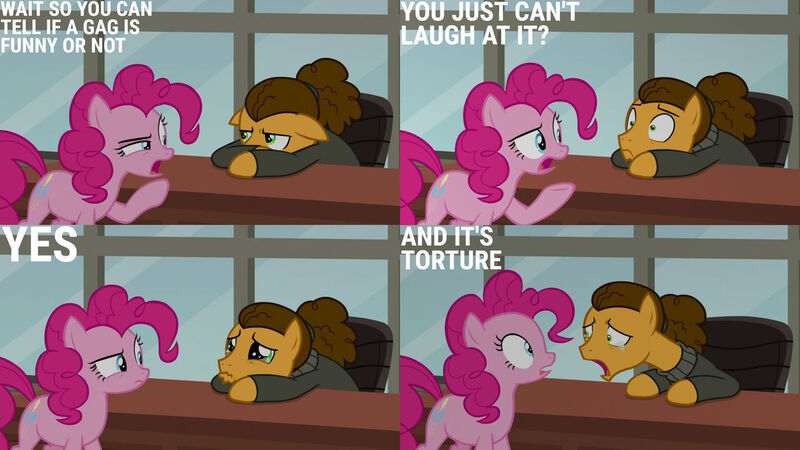Size: 1280x720 | Tagged: safe, derpibooru import, edit, edited screencap, editor:quoterific, screencap, cheese sandwich, pinkie pie, earth pony, pony, season 9, the last laugh, spoiler:s09, clothes, crying, female, floppy ears, image, jacket, jpeg, male, mare, open mouth, stallion