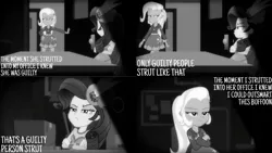 Size: 1280x720 | Tagged: safe, derpibooru import, edit, edited screencap, editor:quoterific, screencap, rarity, trixie, equestria girls, equestria girls series, rarity investigates: the case of the bedazzled boot, black and white, clothes, crossed arms, cutie mark, cutie mark on clothes, female, grayscale, hairpin, hoodie, image, monochrome, png, rarity investigates (eqg): trixie, smiling