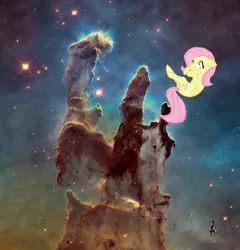 Size: 1280x1335 | Tagged: safe, artist:benpictures1, derpibooru import, fluttershy, pegasus, comic:ponies in the eagle nebula, cute, ears, floppy ears, image, irl, photo, pillars of creation, png, shocked, shocked expression, shyabetes, space