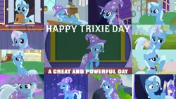 Size: 1280x721 | Tagged: safe, derpibooru import, edit, edited screencap, editor:quoterific, screencap, trixie, pony, unicorn, a horse shoe-in, a matter of principals, all bottled up, boast busters, magic duel, no second prances, road to friendship, season 1, season 3, season 6, season 7, season 8, season 9, student counsel, to change a changeling, to where and back again, spoiler:s08, spoiler:s09, alicorn amulet, cape, clothes, cute, diatrixes, female, grin, hat, image, magic, mare, mouth hold, night, one eye closed, open mouth, open smile, png, school of friendship, smiling, solo, telekinesis, trixie day, trixie's cape, trixie's hat, trixie's wagon, twilight's castle, wagon, wink